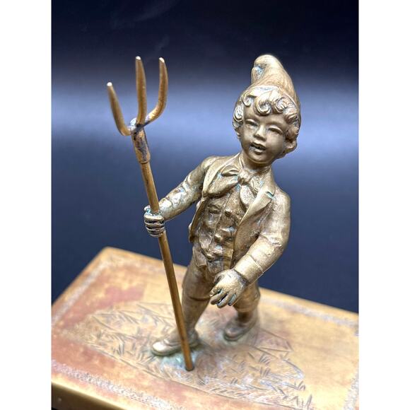 Vintage Brass or Bronze Boy Statue/Figurine With Trident/Fork on Base Unmarked - Picture 2 of 8